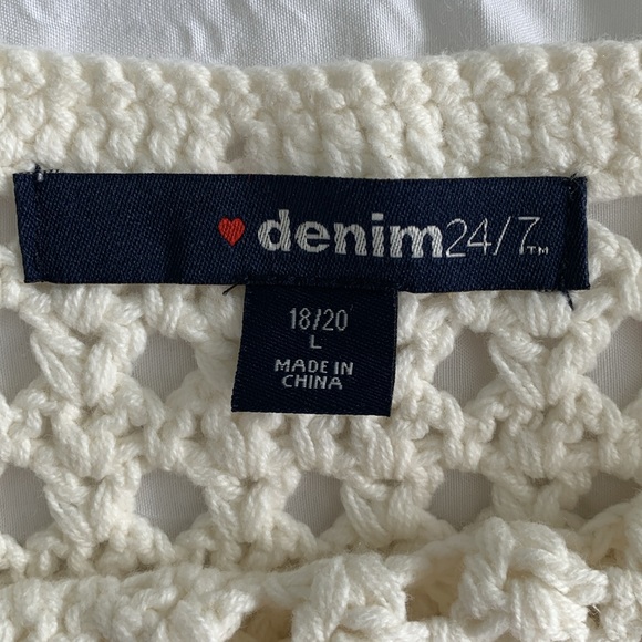 DENIM 24/7 Women’s Cream Sweater Detailed Soft Crochet Fringe Short Sleeve L - Picture 4 of 13
